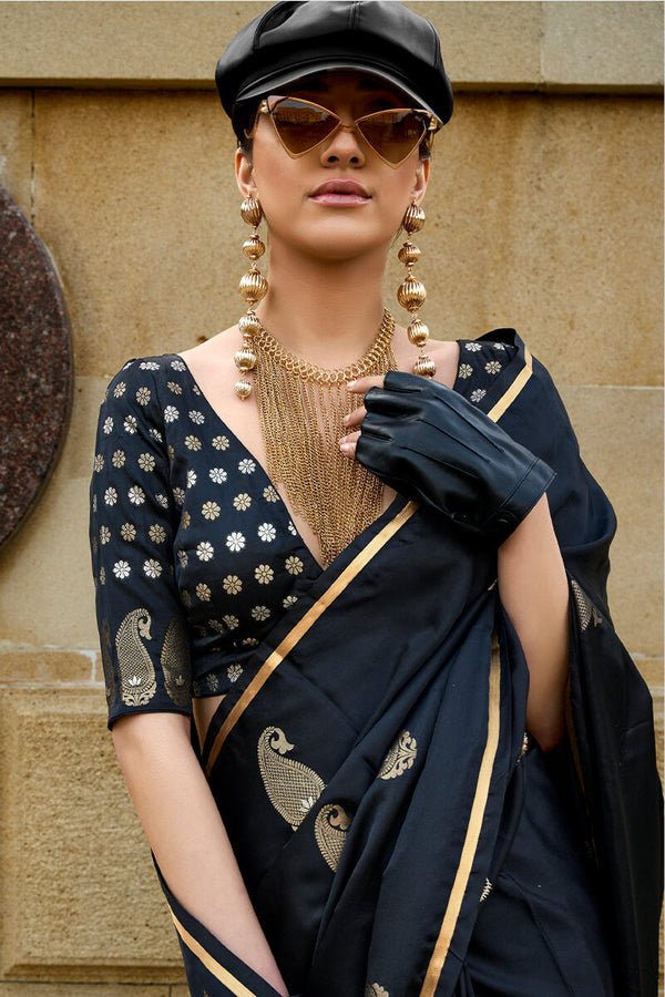 Pearl Black Banarasi Satin Silk Saree