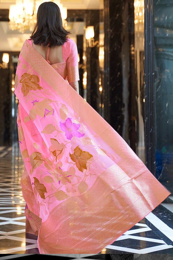 Persian Pink Zari Woven Linen Silk Saree