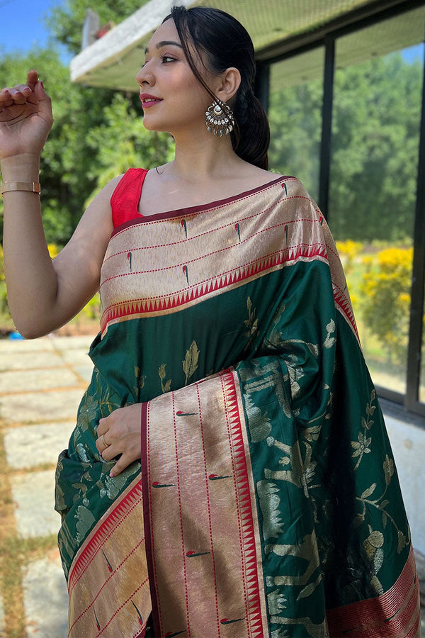 Phthalo Green Zari Woven Paithani Silk Saree