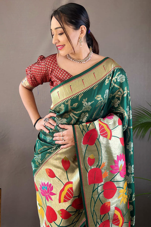 Pine Green Zari Woven Paithani Silk Saree