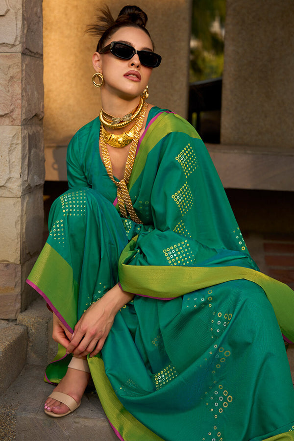 Pine Green Zari Woven Soft Silk Saree