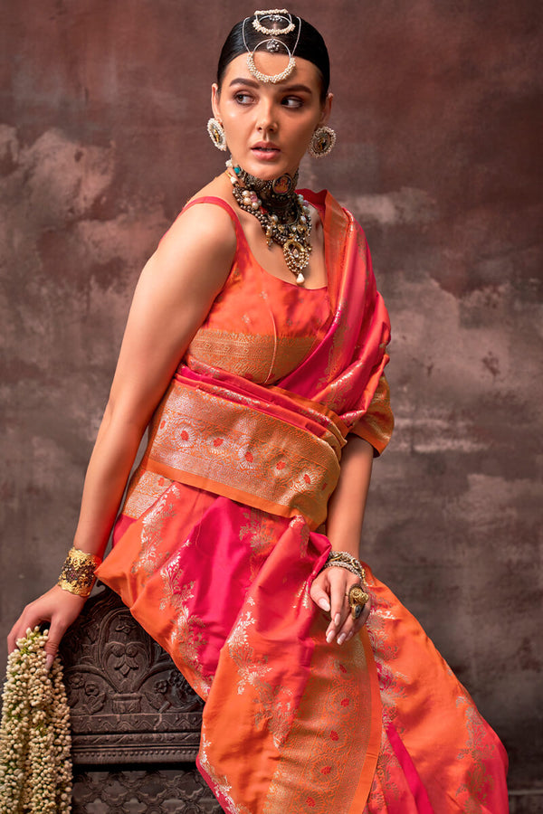 Pink and Orange Handloom Banarasi Silk Saree