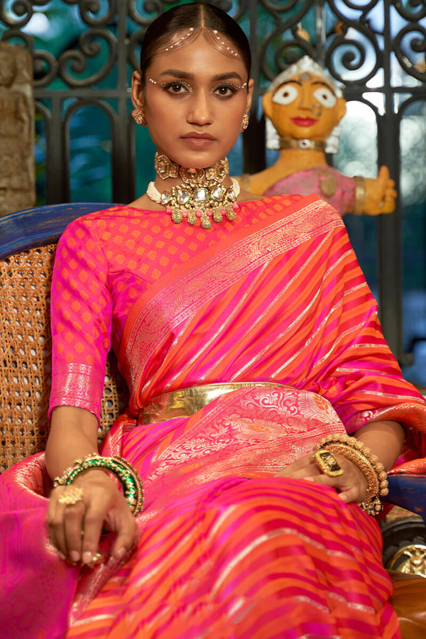 Pinkish Orange Satin Silk Saree