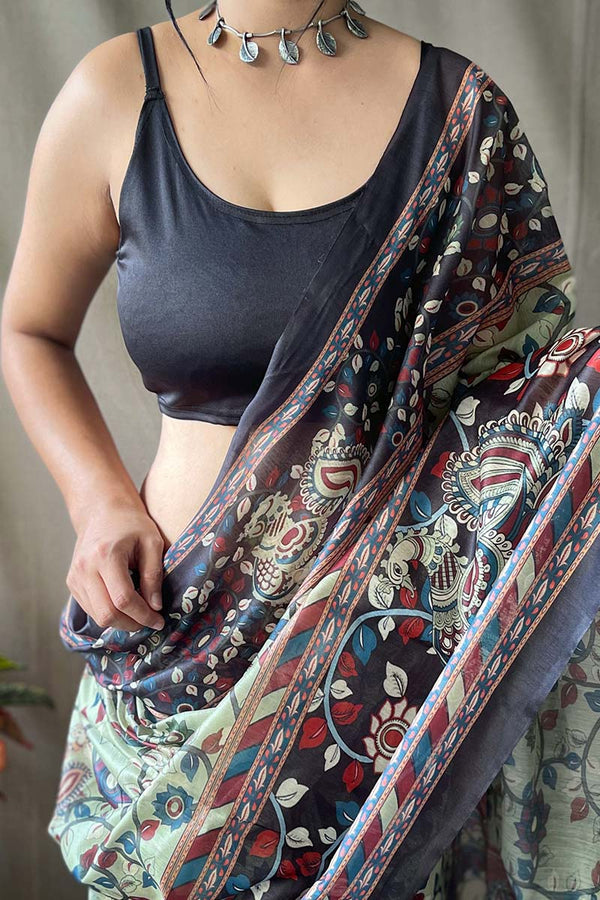 Pixie Green Kalamkari Printed Cotton Saree