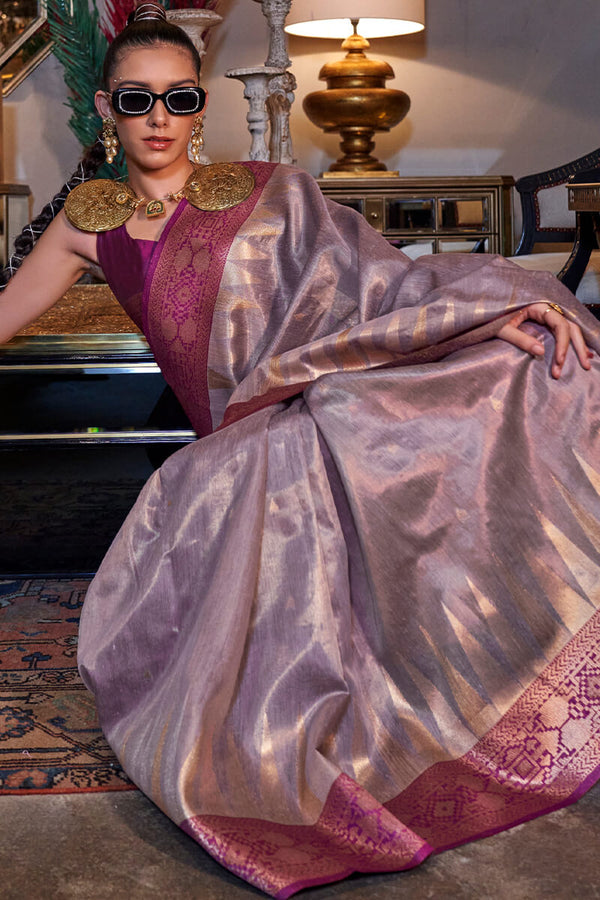 Purplish Grey Banarasi Tissue Silk Saree