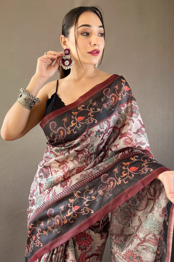 Quill Grey Printed Soft Silk Saree