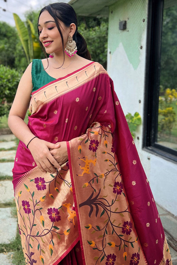 Red Wine Zari Woven Paithani Silk Saree