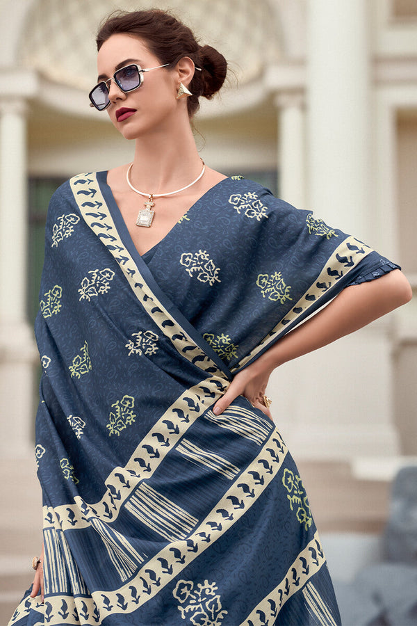 Rhino Blue Printed Mul cotton Saree