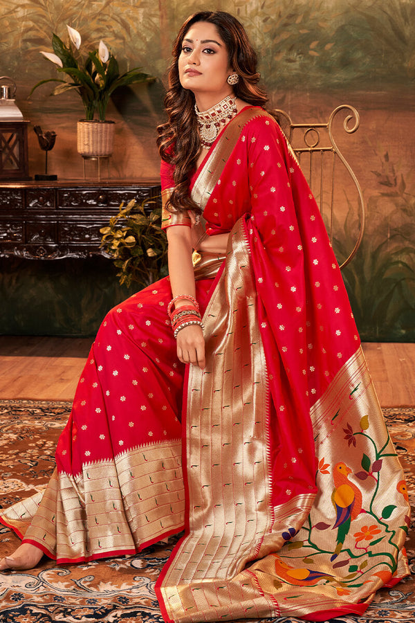 Rich Carmine Red Paithani Silk Saree