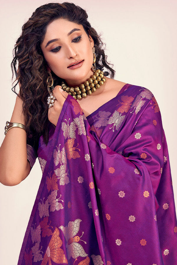 Rich Purple Zari Woven Soft Banarasi Silk Saree