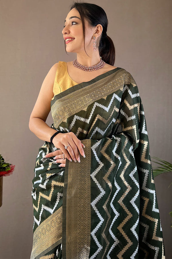 Rifle Green Zari Woven Linen Cotton Silk Saree