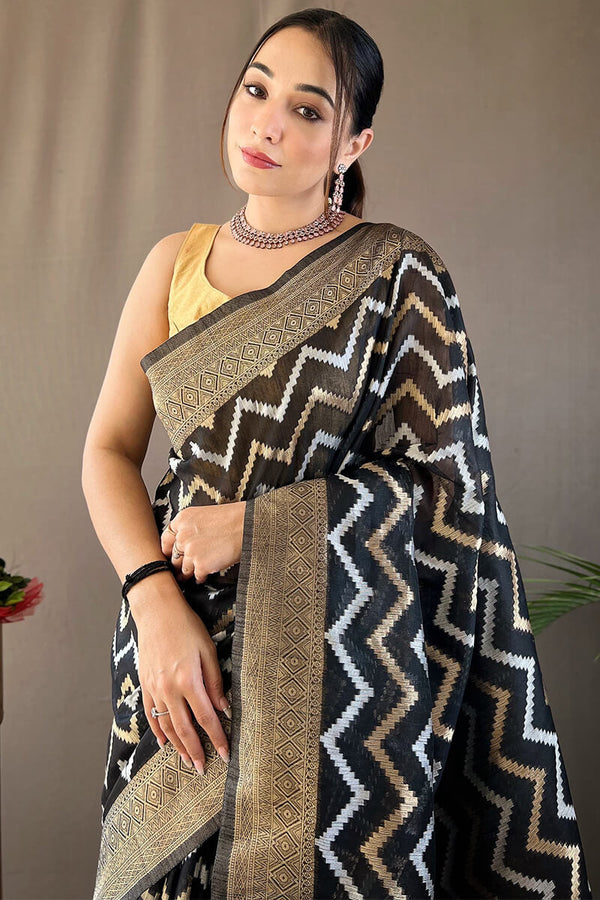 Rock Black Zari Woven Linen Cotton Silk Saree