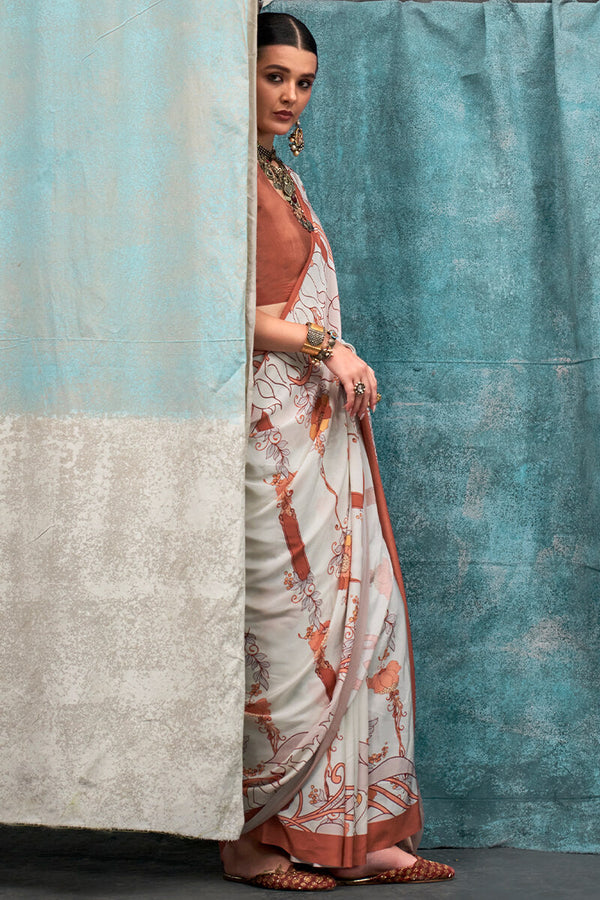 Rose White Printed Crape Silk Saree