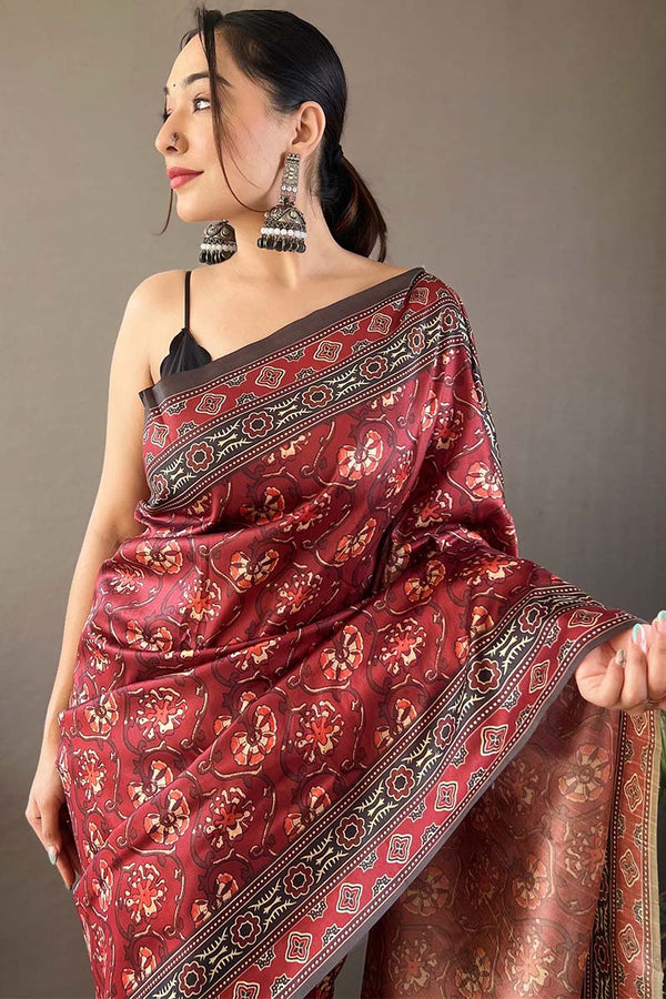 Ruby Maroon Printed Soft Silk Saree