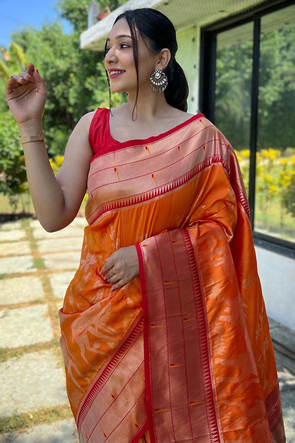 Rusty Orange Zari Woven Paithani Silk Saree