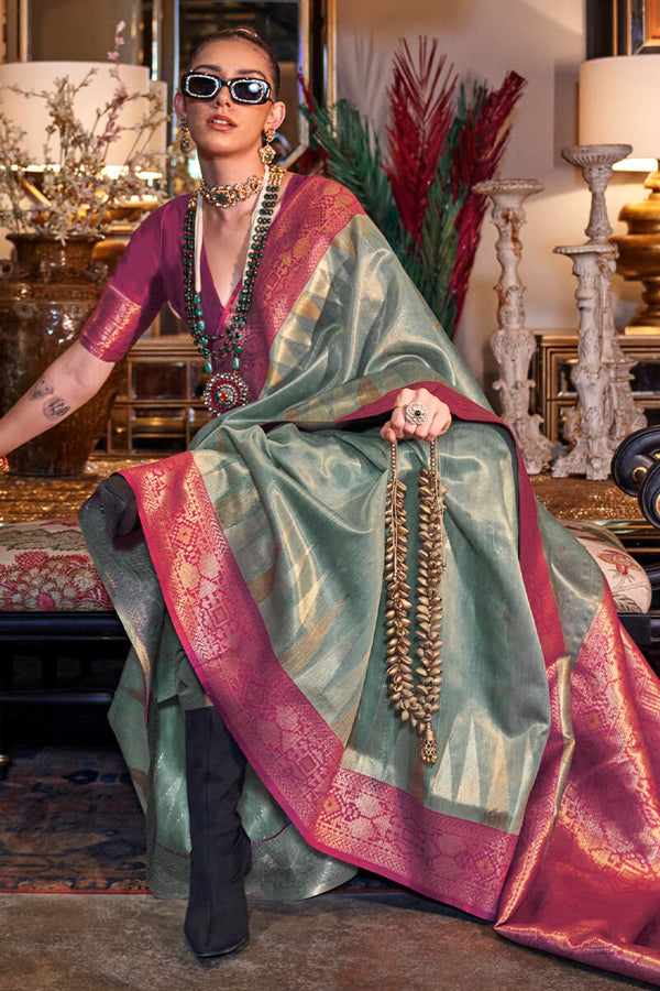 Sage Green Banarasi Tissue Silk Saree