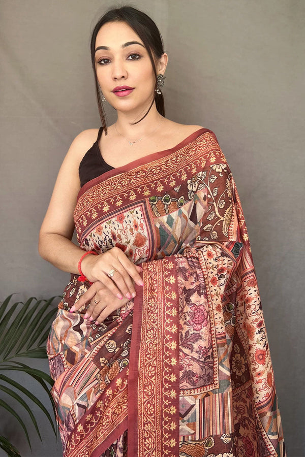 Sanguine Brown Printed Cotton Silk Saree