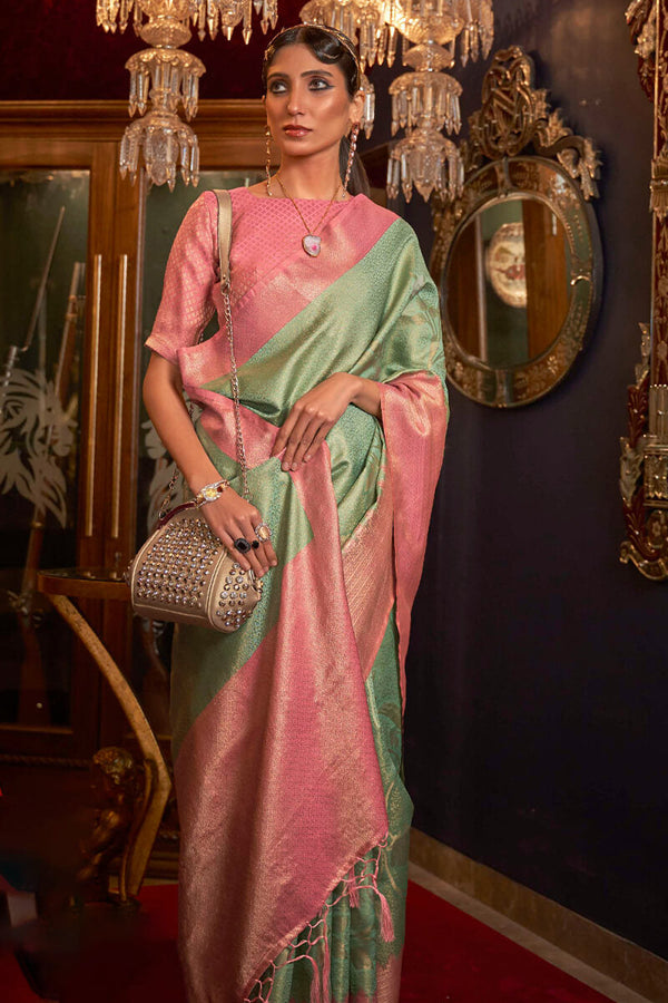 Sea Green and Pink Kanjivaram Silk Saree