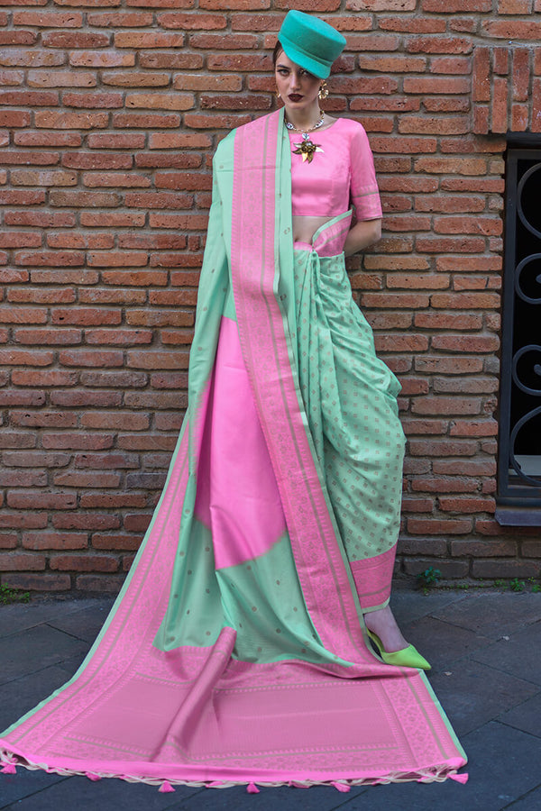 Sea Green and Pink Woven Soft Banarasi Silk Saree