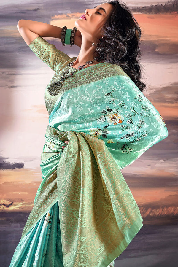 Sea Green Floral Printed Satin Silk Saree