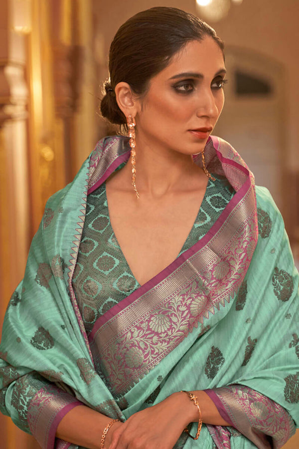 Sea Green Tussar Silk Saree