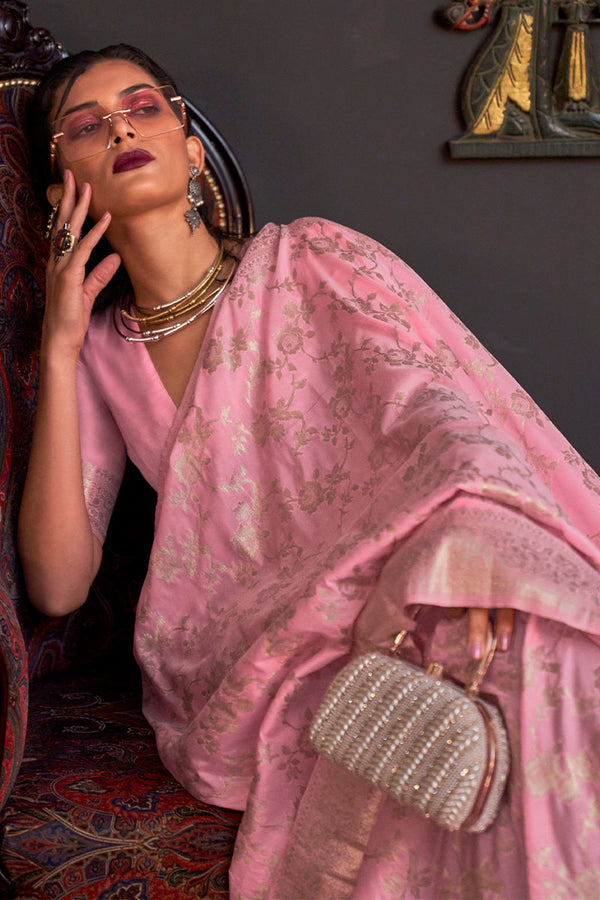 Sea Pink Zari Woven Banarasi Silk Saree