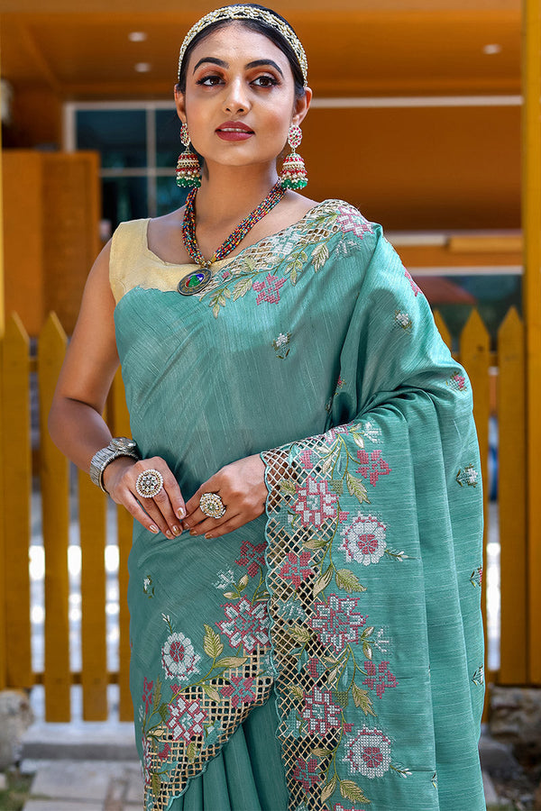 Sea Turtle Green Embroidered Work Designer Saree