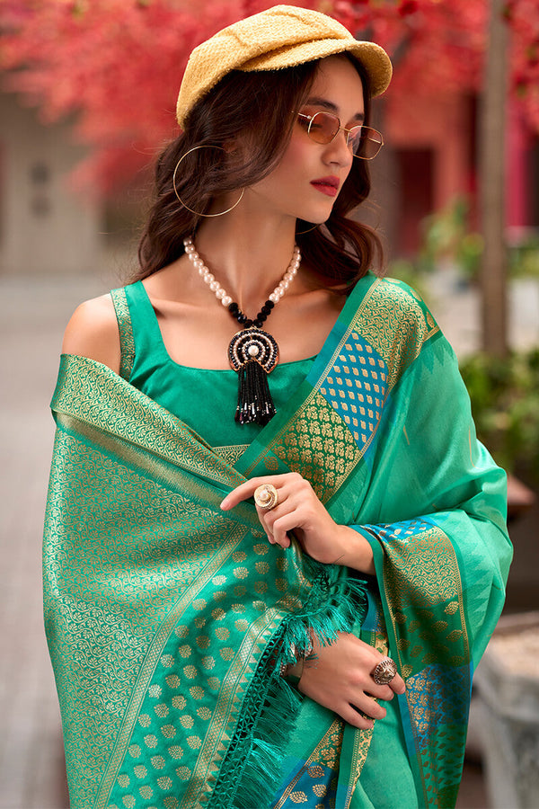 Seafoam Green Woven Soft Banarasi Silk Saree