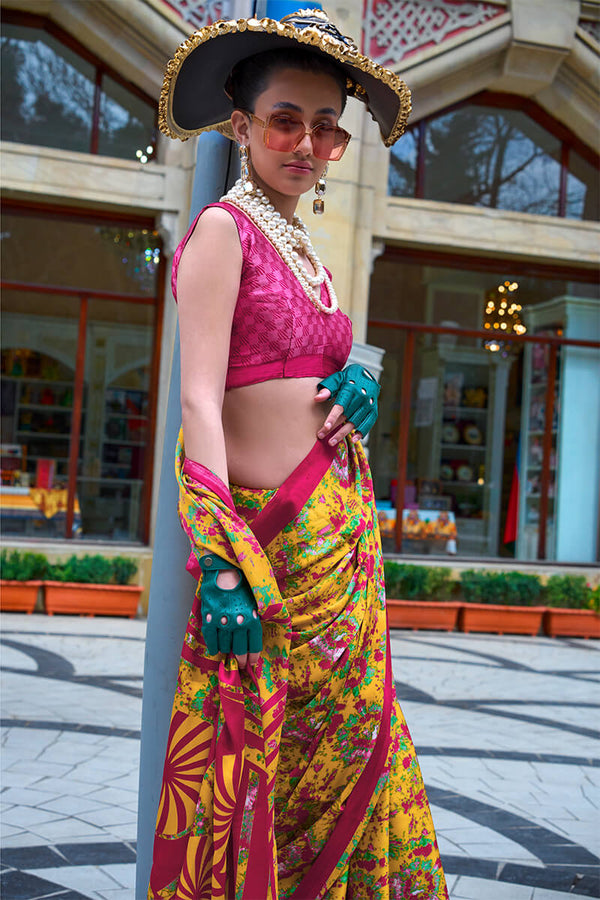 Selective Yellow Printed Satin Silk Saree