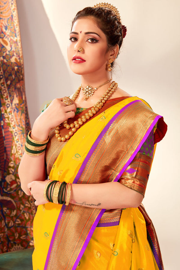 Selective Yellow Zari Woven Paithani Silk Saree