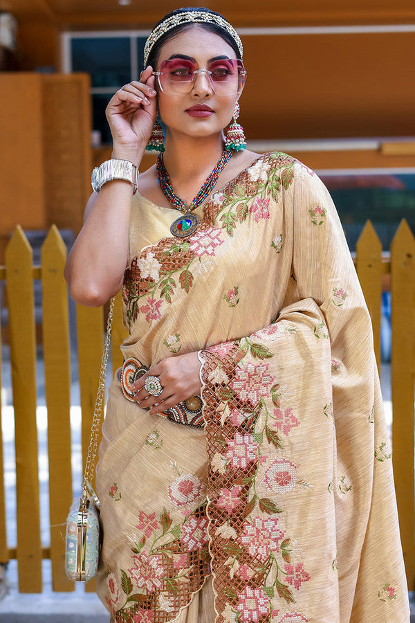 Sepia Beige Embroidered Work Designer Saree