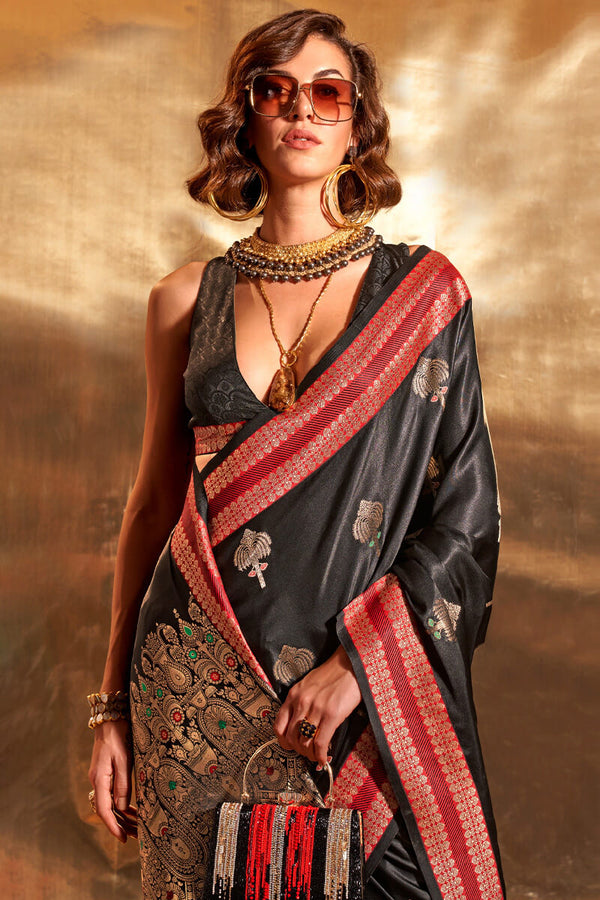 Sepia Black Banarasi Satin Silk Saree