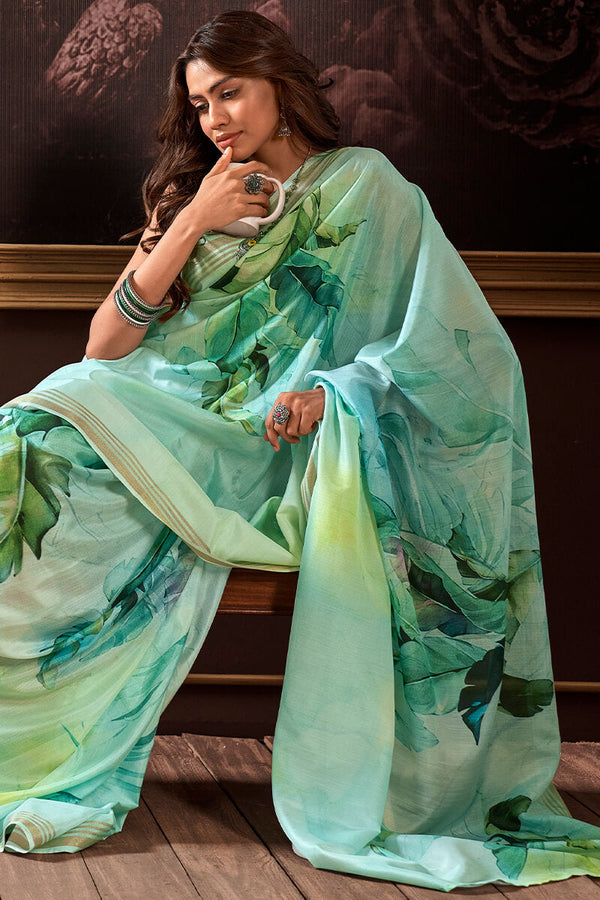 Shadow Green Floral Printed Silk Saree