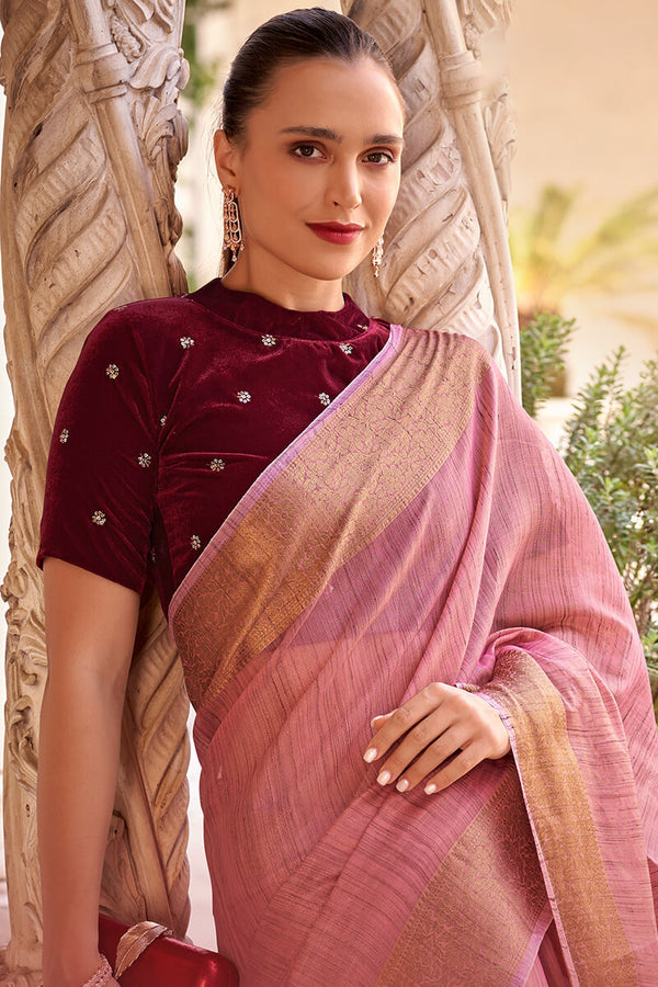 Sherbet Pink Tissue Linen Saree With Two Blouse Piece