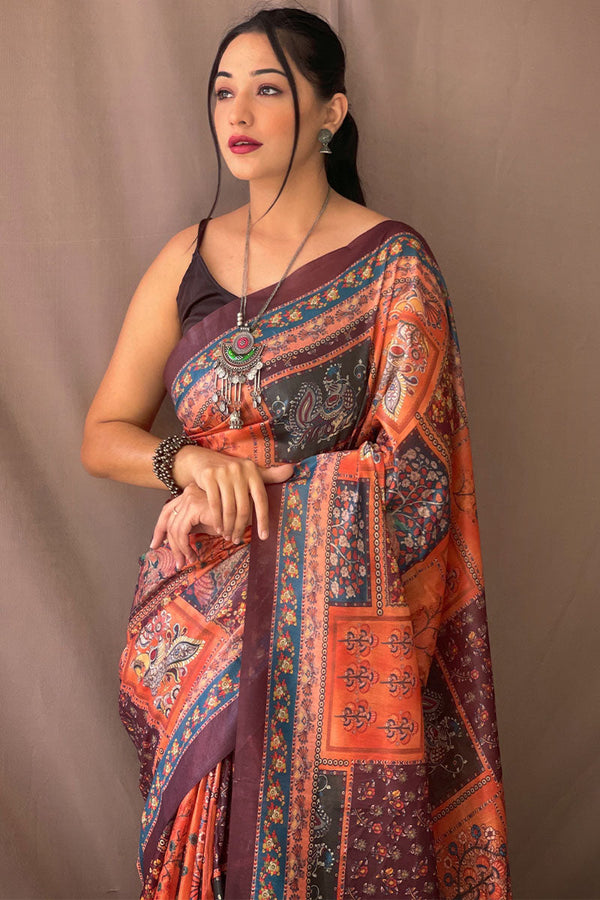 Shocking Orange Kalamkari Printed Cotton Saree