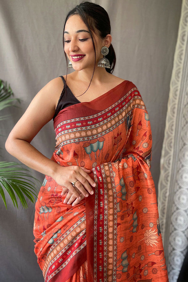 Shocking Orange Kalamkari Printed Cotton Silk Saree