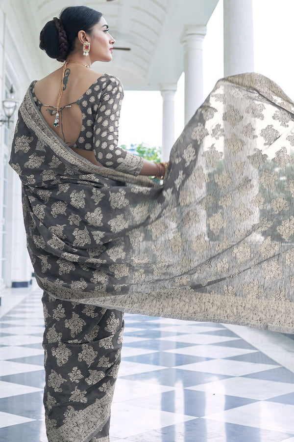 Shuttle Grey Lucknowi Chickankari Silk Saree