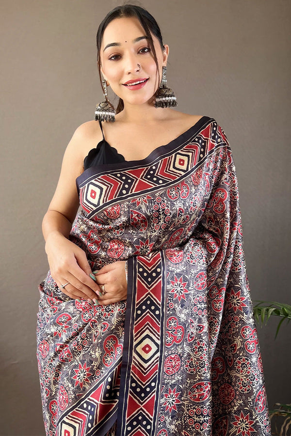 Shuttle Grey Printed Soft Silk Saree