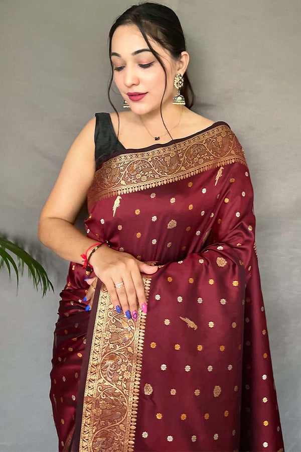 Sienna Maroon Soft Banarasi Silk Saree