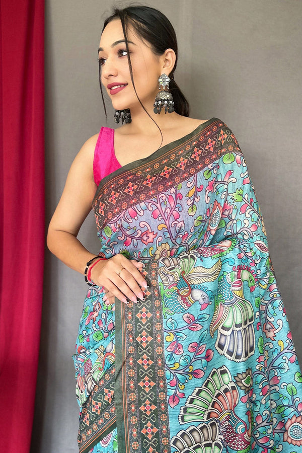 Sky Blue Kalamkari Printed Cotton Saree