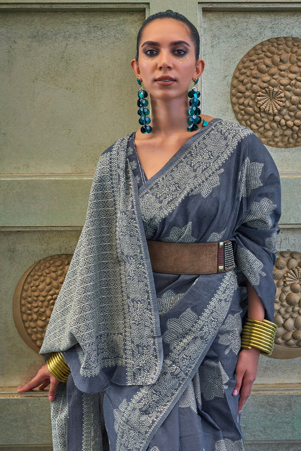 Slate Blue Lucknowi Woven Chikankari Saree