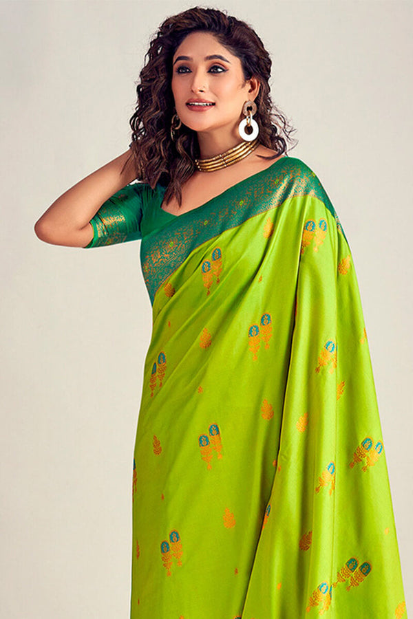 Slime Green Soft Banarasi Silk Saree