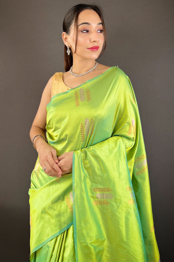 Slime Green Zari Woven Soft Silk Saree