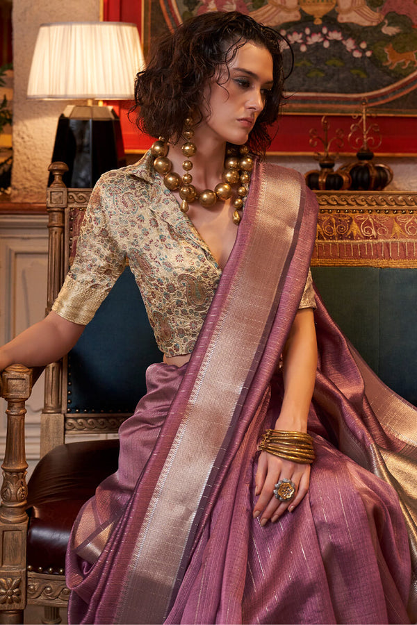 Solid Pink Hand Woven Moss Chiffon Silk Saree