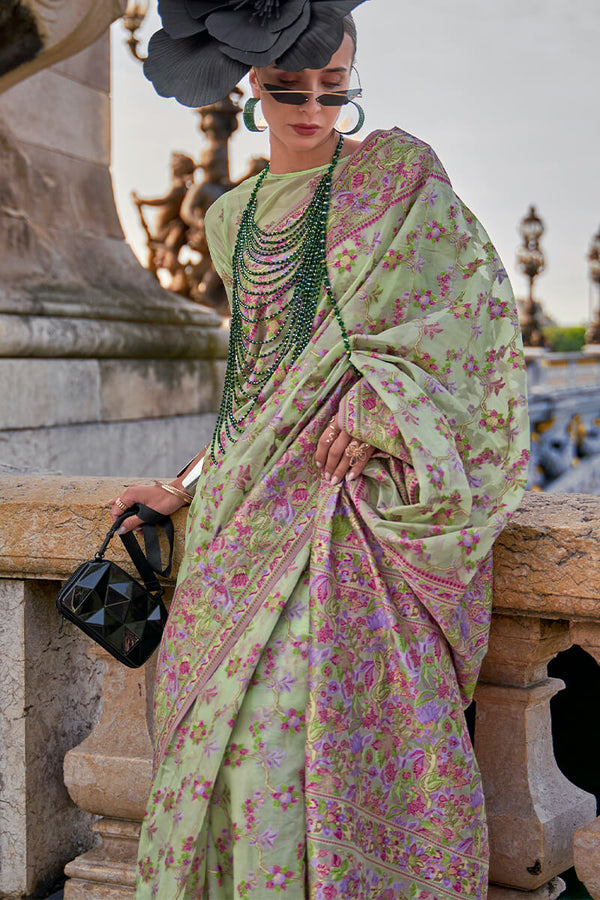 Spanish Green Kashmiri Weaving Organza Silk Saree