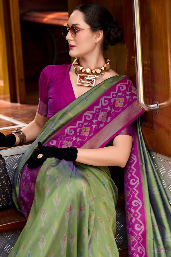 Spanish Green Soft Silk Saree with Ikkat Border