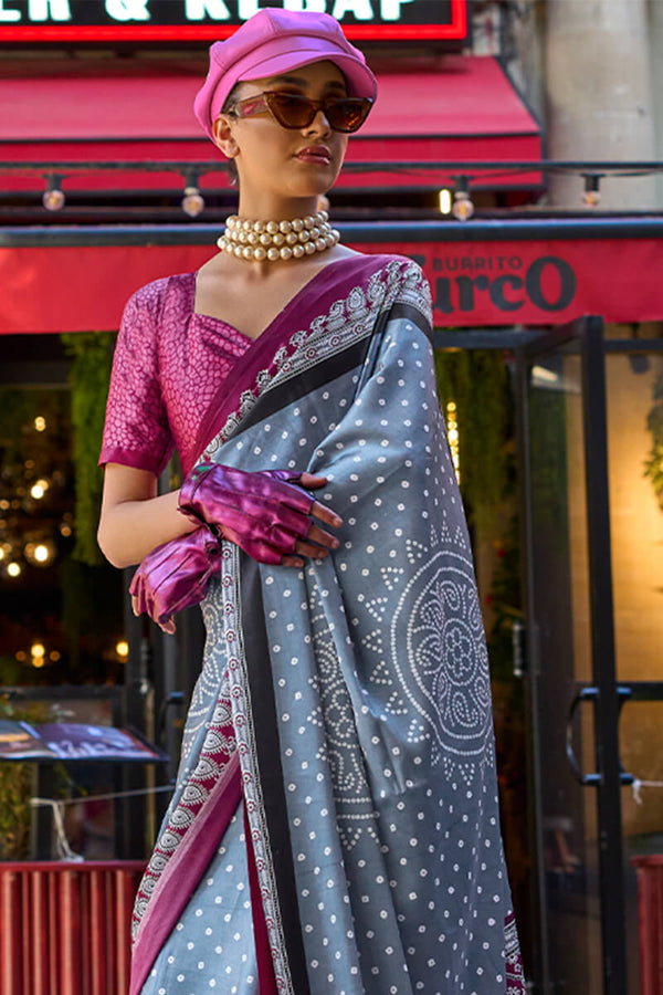 Steel Grey Printed Satin Silk Saree