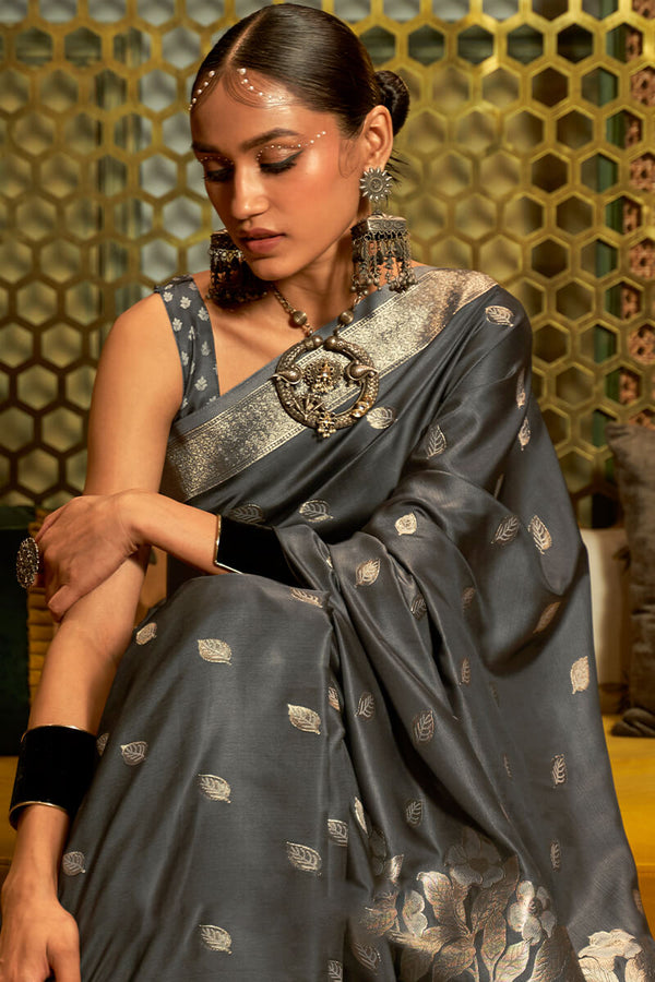 Storm Grey Satin Silk Saree