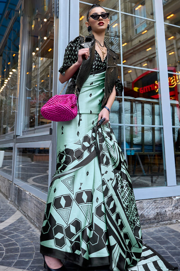 Summer Green Digital Printed Satin Silk Saree