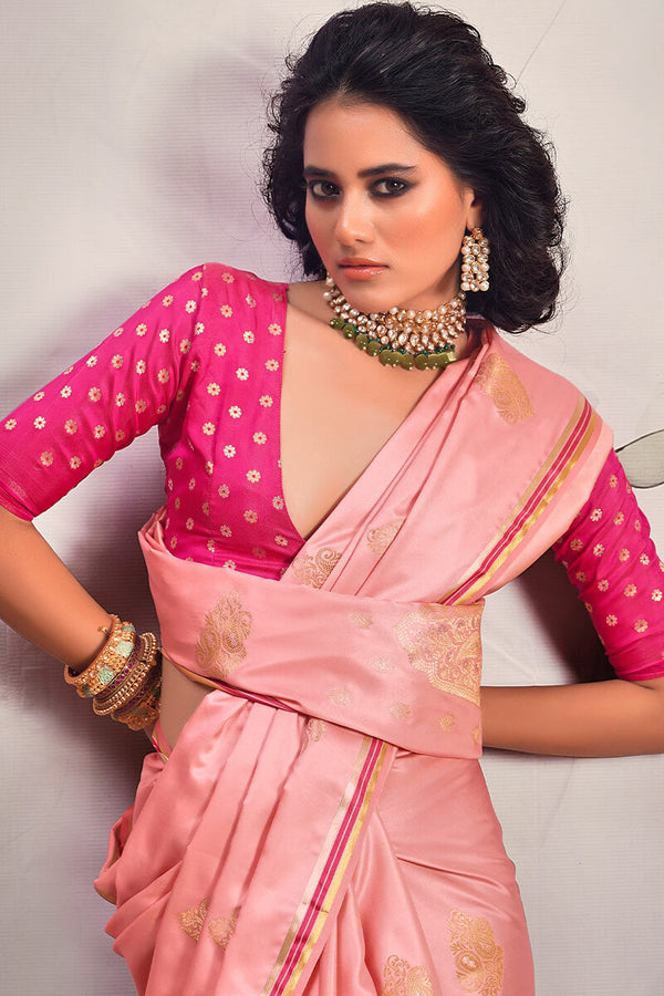 Sweet Pink Banarasi Satin Silk Saree